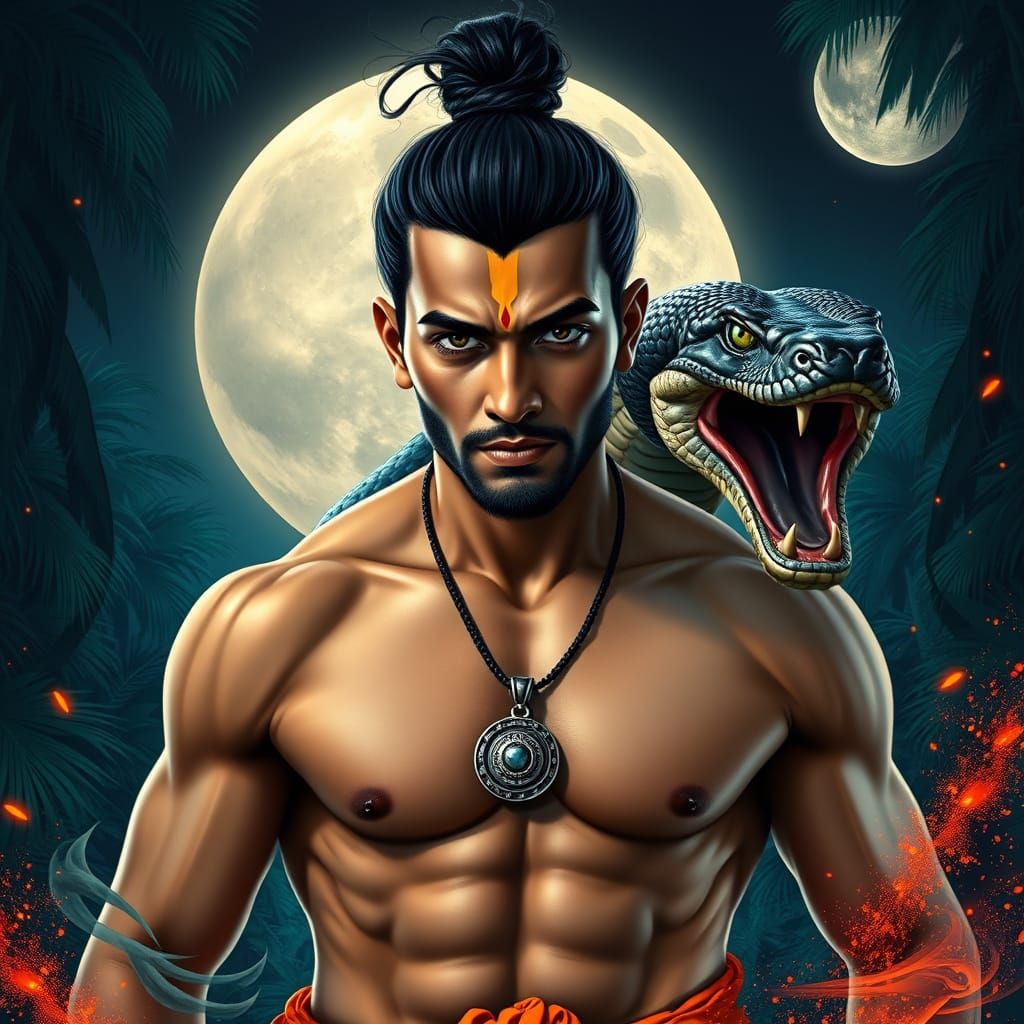 Indian Man with Cobra in Hyperrealistic Splash Art