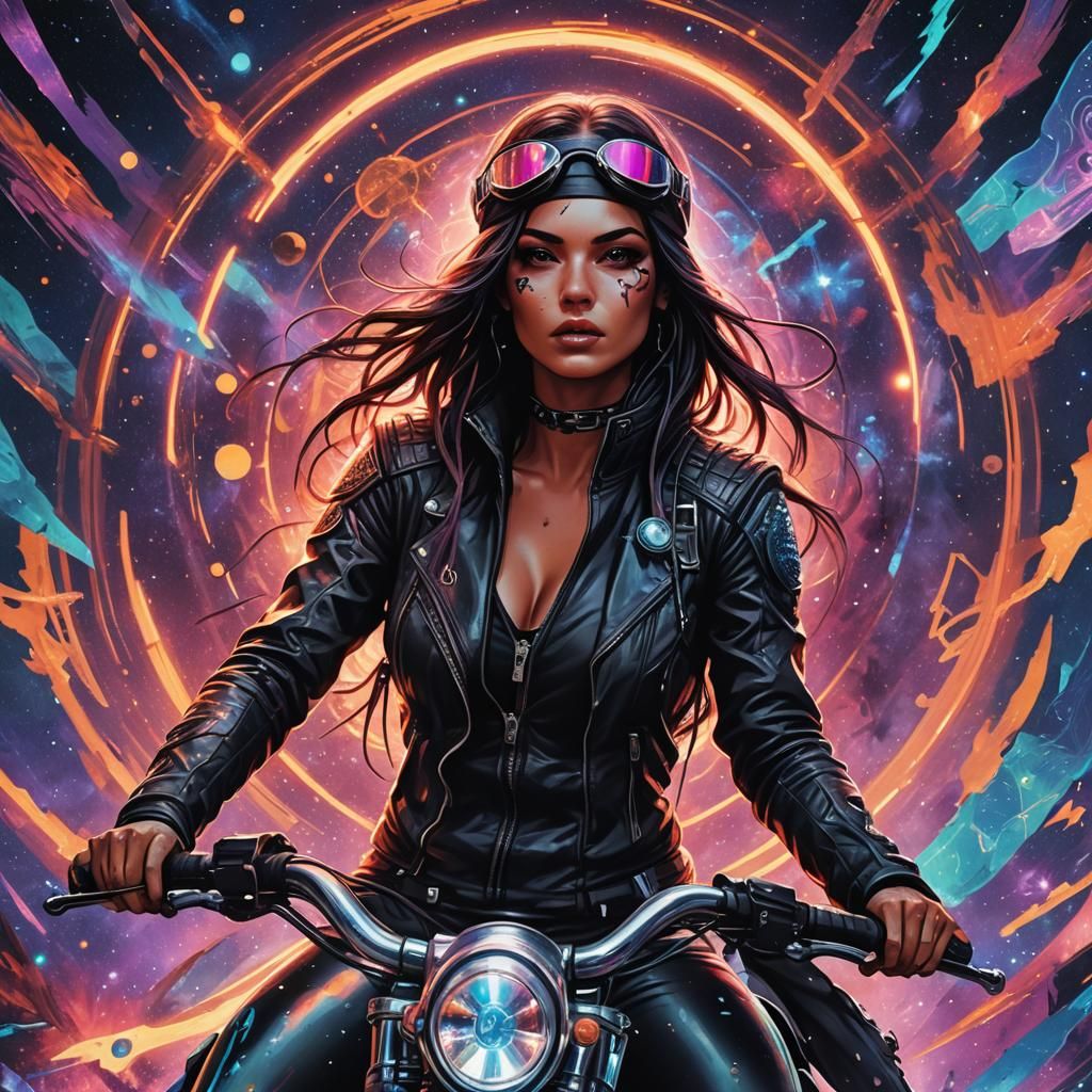Surreal Biker Girl Assassin in Cosmic Holographic Dreamscape