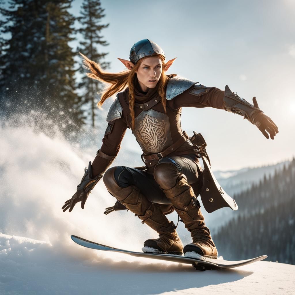 Woodland Elf Rides Magic Snowboard in Shimmering Light