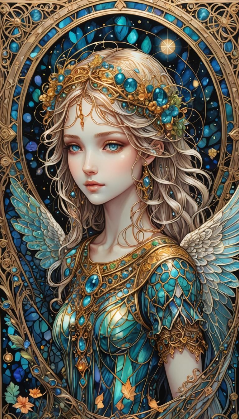 Whimsical Bioluminescent Angel in Gilded Stained Glass Sanct...