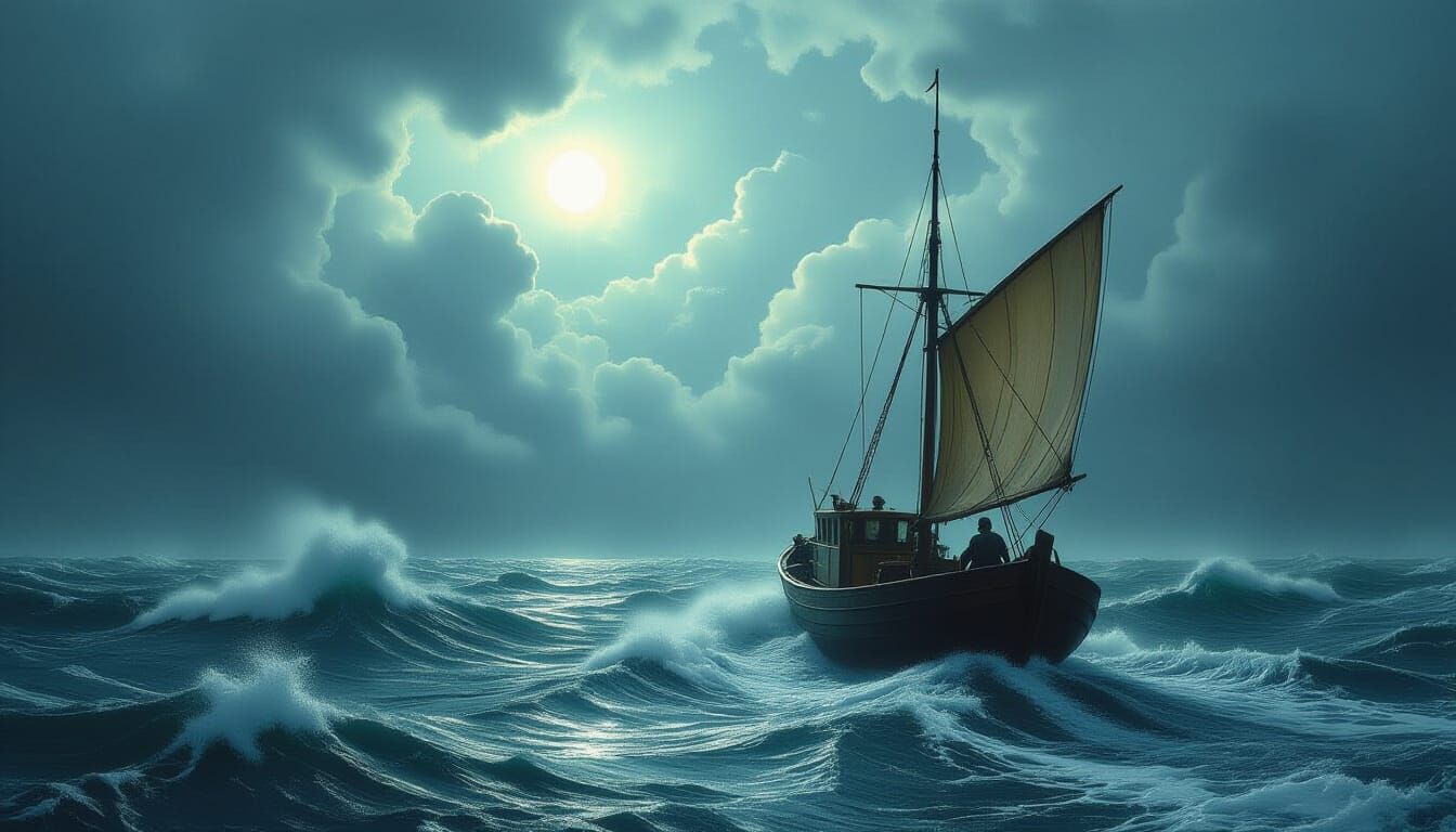Fishing Boat Battles Stormy Seas in Dramatic Light