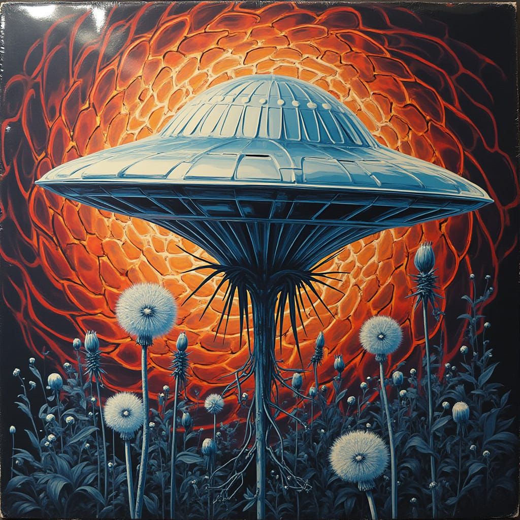 Psychedelic Pusteblume Blooms Amidst Futuristic OP-ART UFO