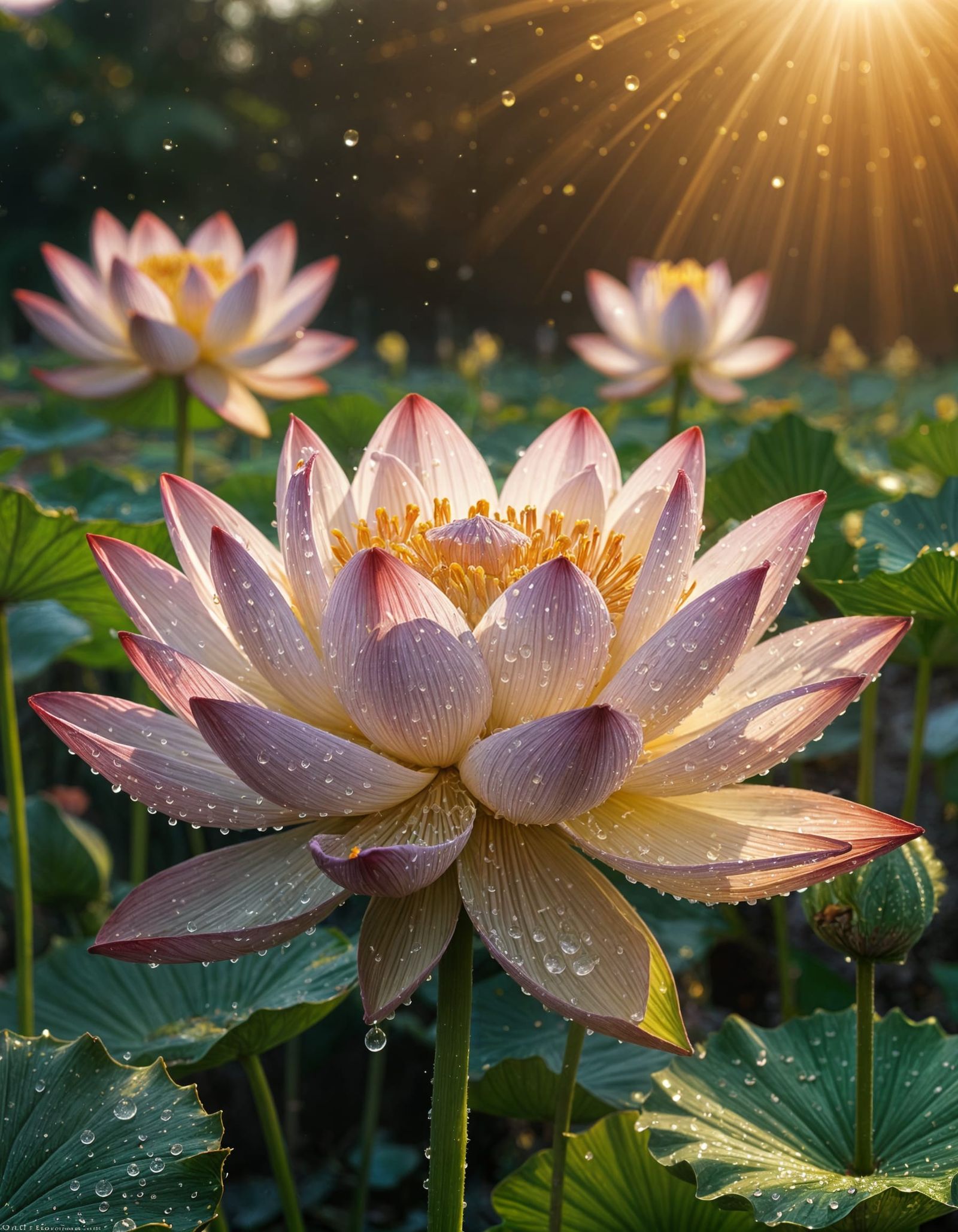 Dew-Kissed Lotus Flowers in Golden Light