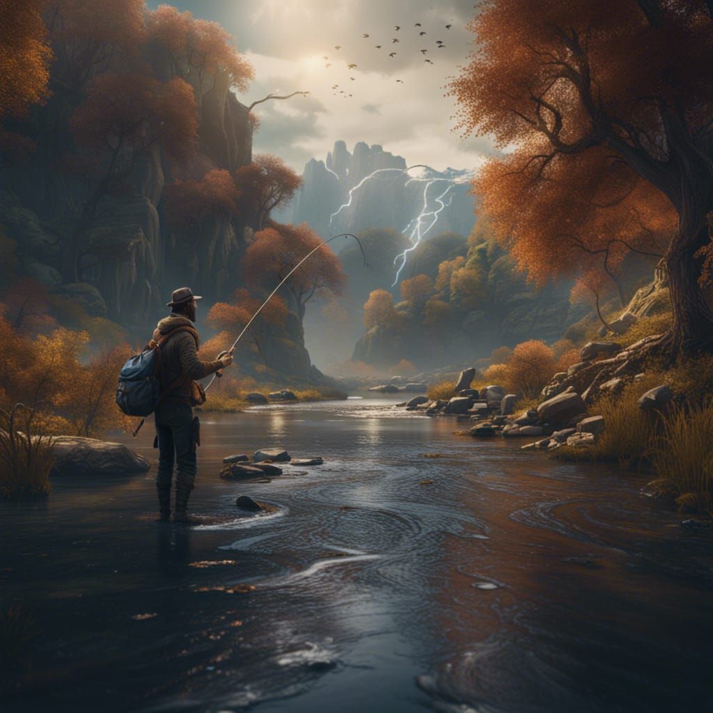 Fantastical Riverbank Fishing Scene in Deep, Vivid Colors
