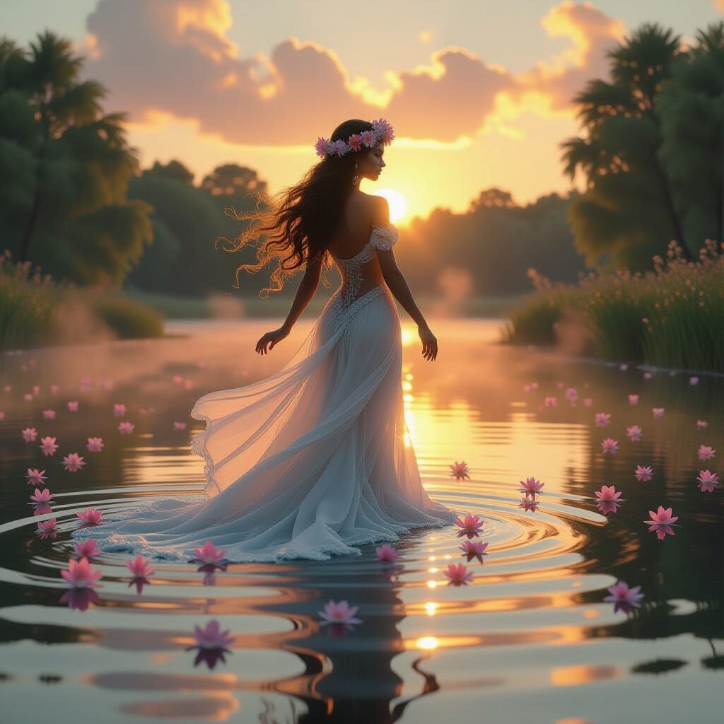 Water Goddess Rises from Reflective Lake at Sunrise