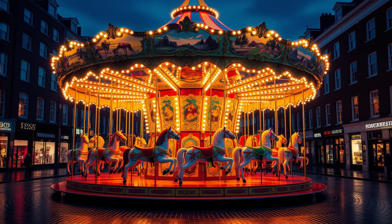 Mythical Creatures Carousel at Night in City