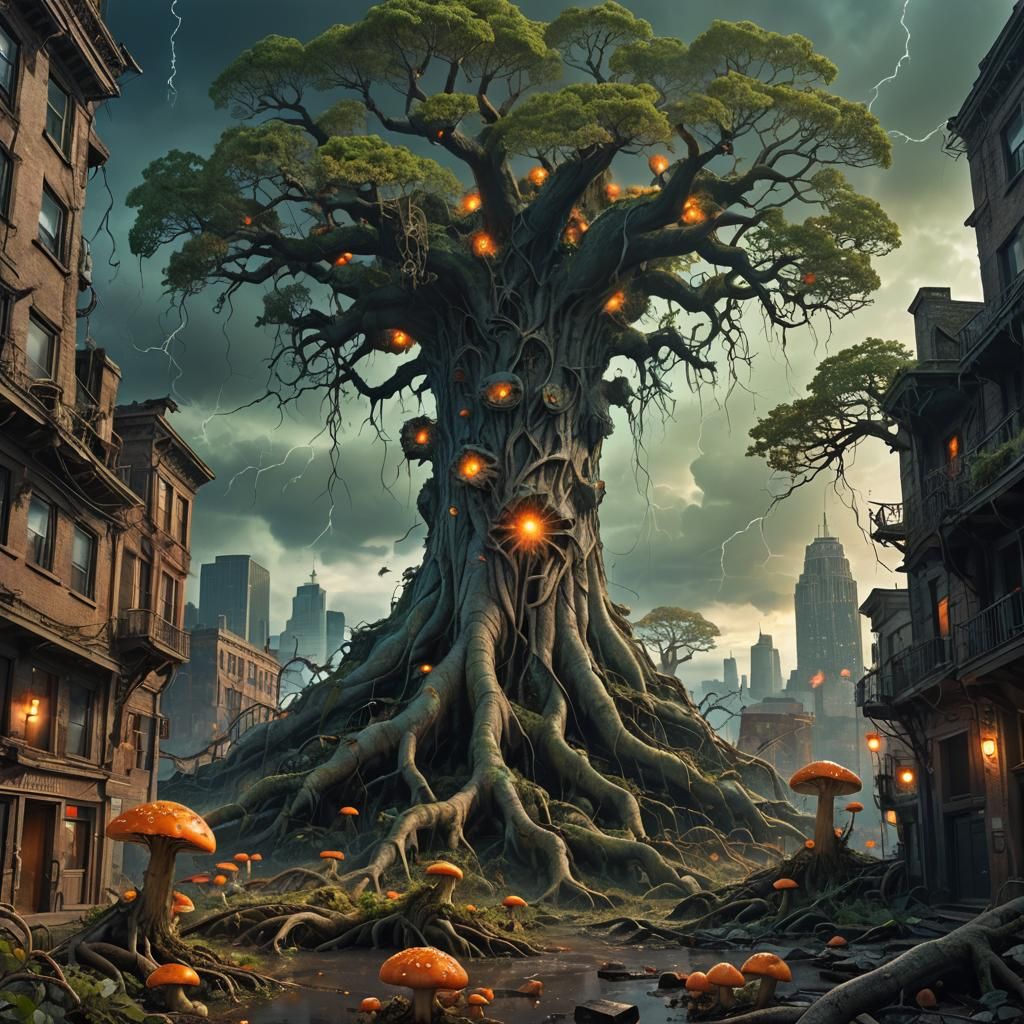 Post-Apocalyptic Metropolis Consumed by a Twisted, Biolumine...