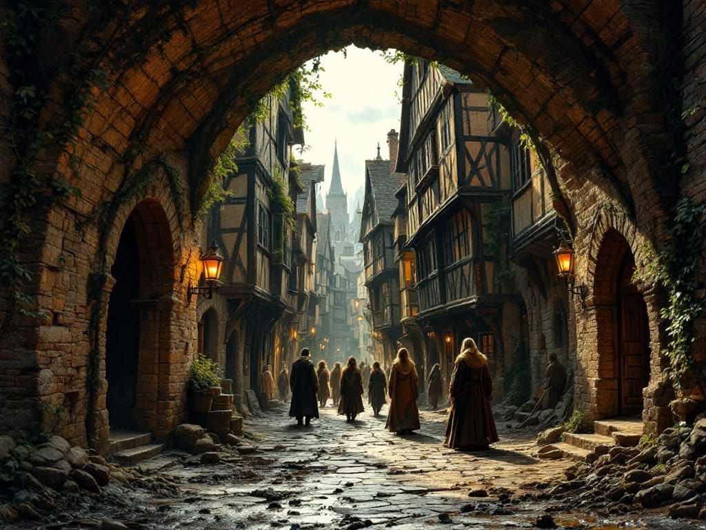 Medieval City Streetscape with Golden Brown Architecture and...