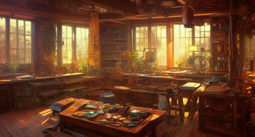 Vintage Workshop Scene in Hyperdetailed Concept Art Style