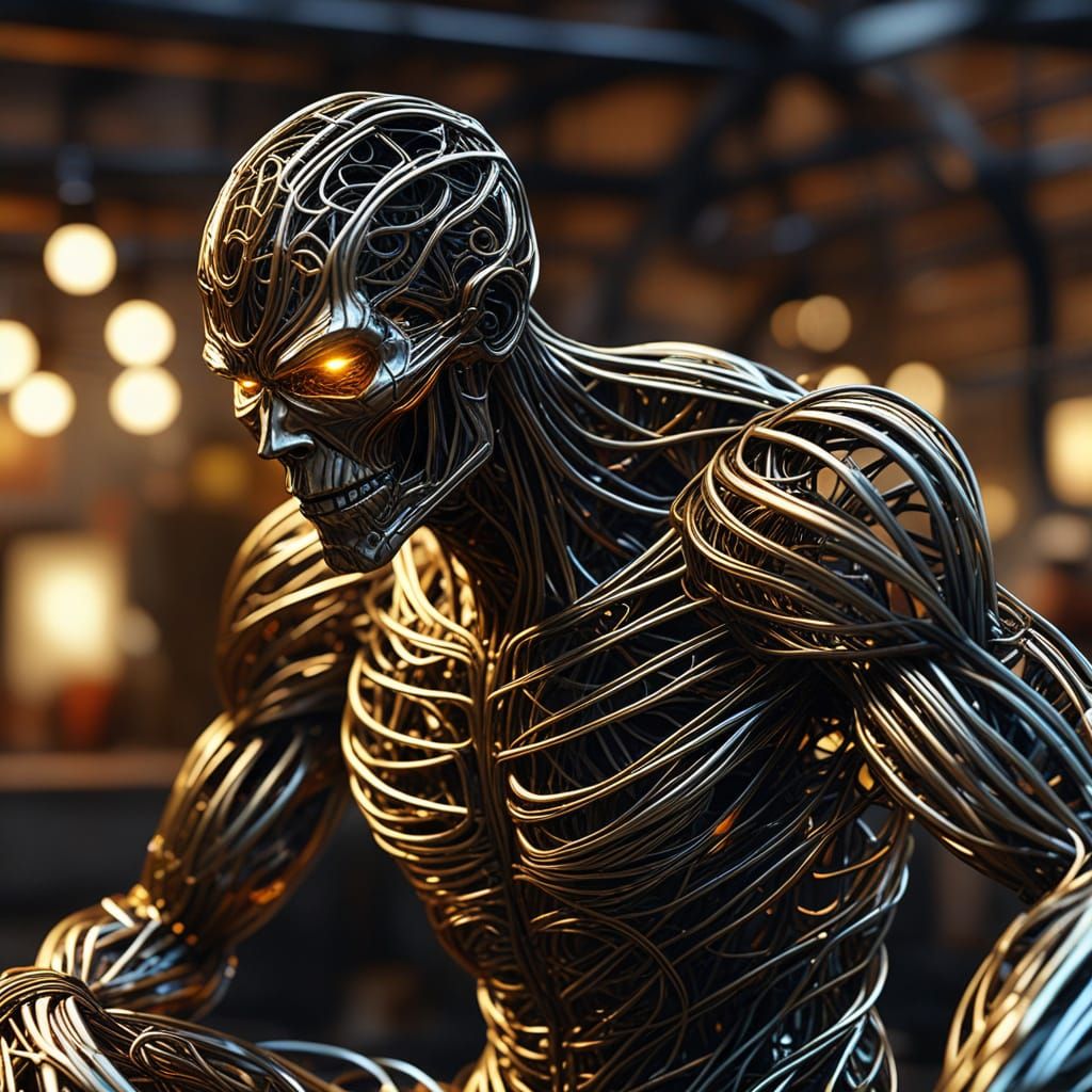 Hyper-Realistic Sculpture of Wire Figure in Digital Art Styl...