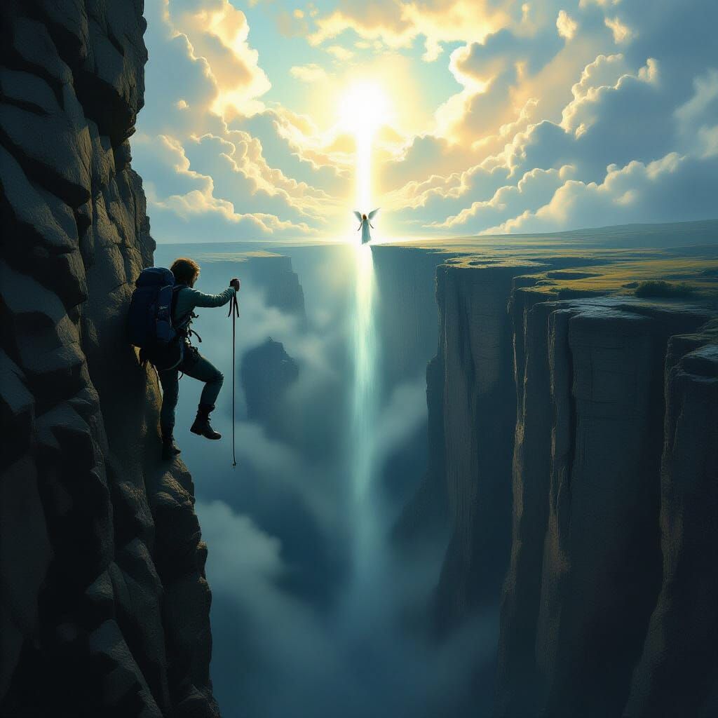 Hiker and Angel Above Dark Pit in Beksiński Style