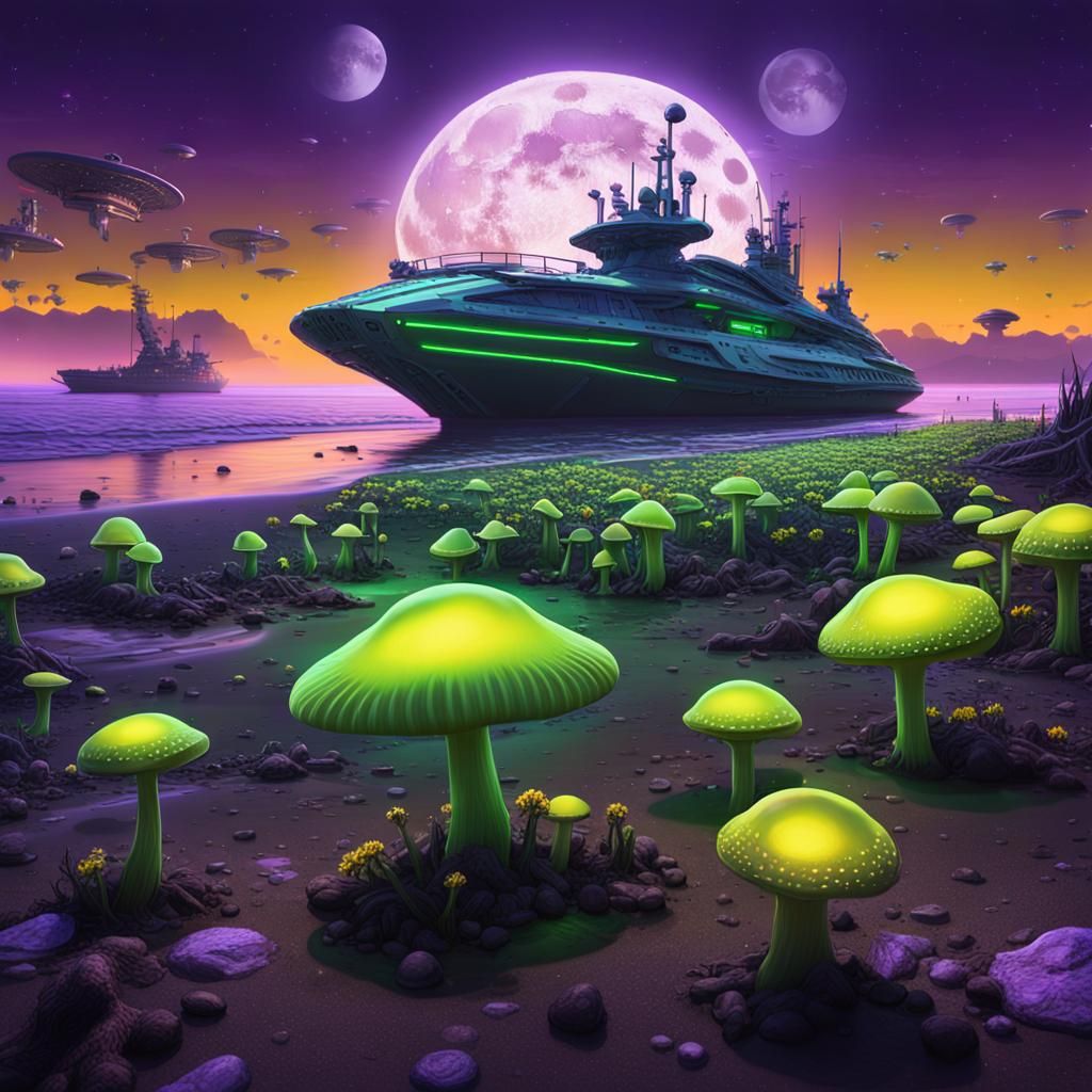 Cyberpunk Dreamscape with Glowing Mushrooms and Biomechanic....