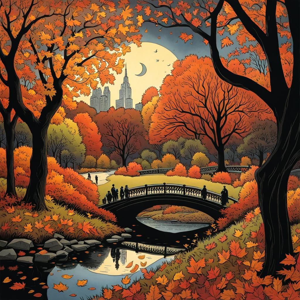 Autumnal Central Park at Night in a Graphic Novel Style