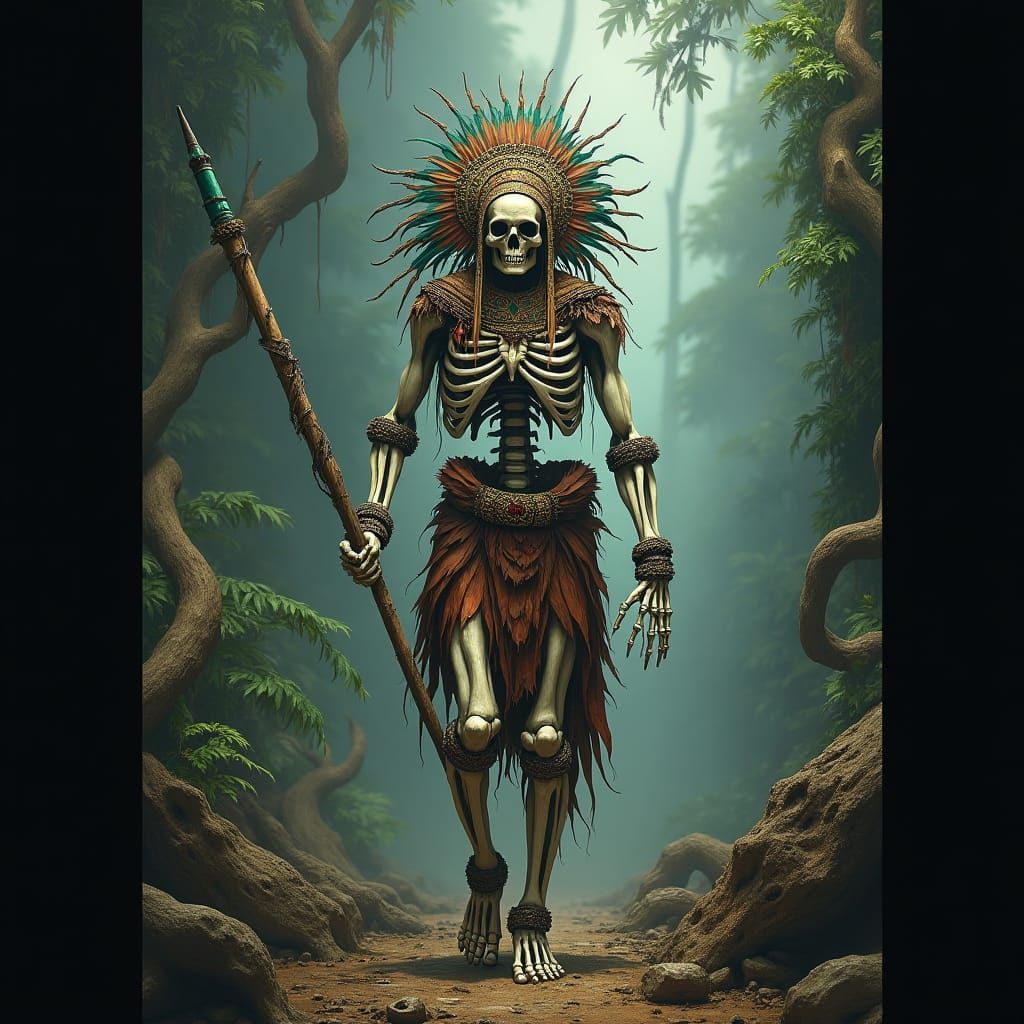 Skeletal Figure Trudges Through Dark Jungle in Aztec Regalia