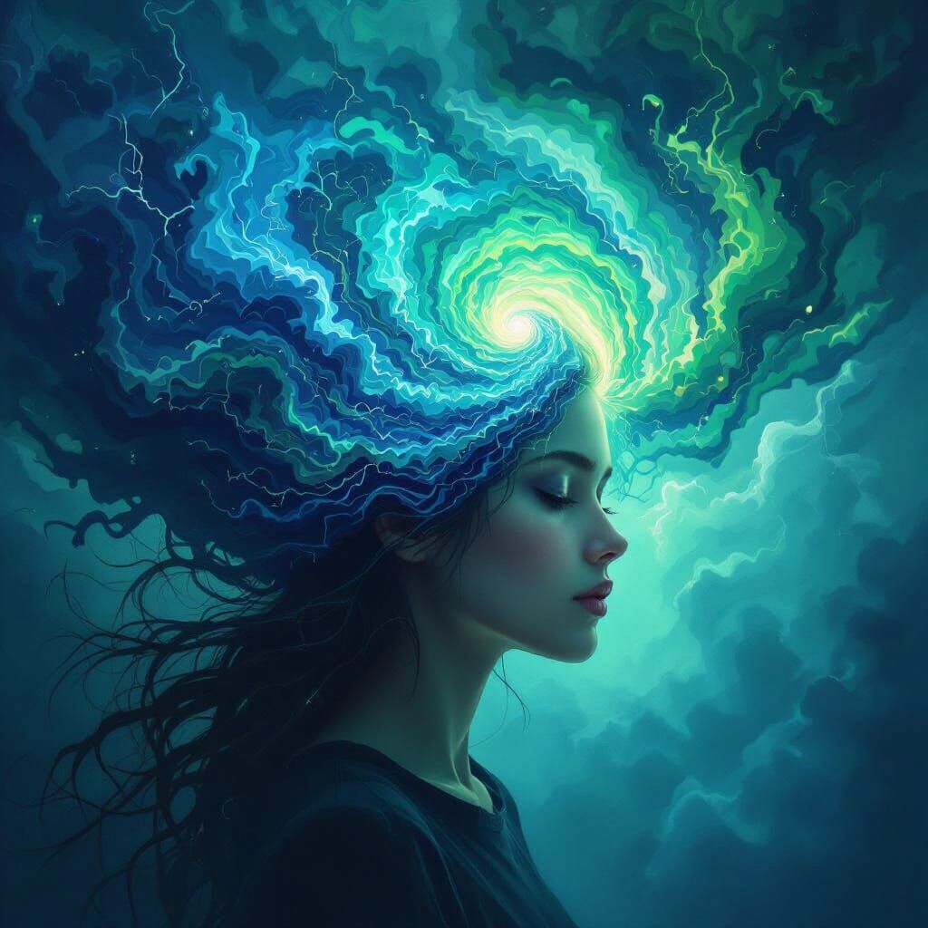 Surreal Woman's Mind Storm in Electric Blues and Greens