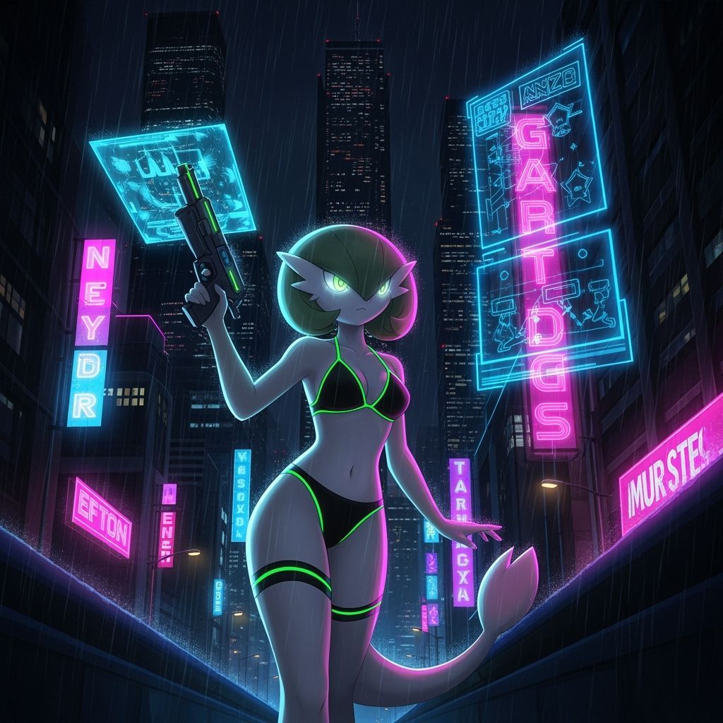 Gardevoir in Cyberpunk City with Futuristic Pistol