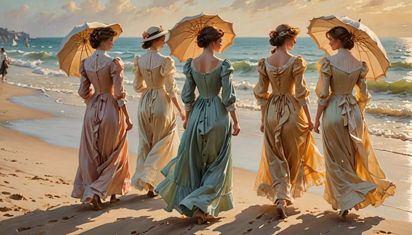 Victorian Women Stroll Along a Seaside Shore