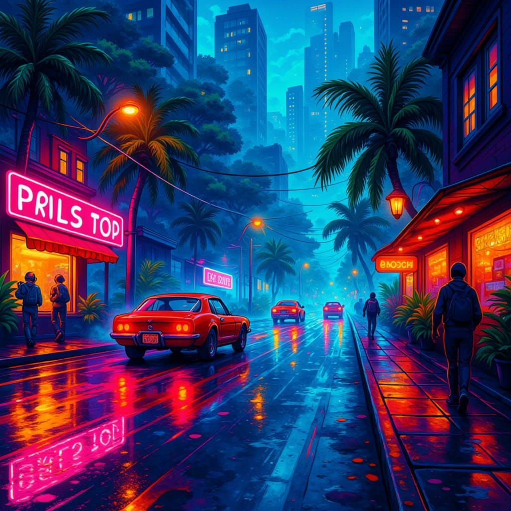 Neon City Street at Night in Felt-Tip Poster Style