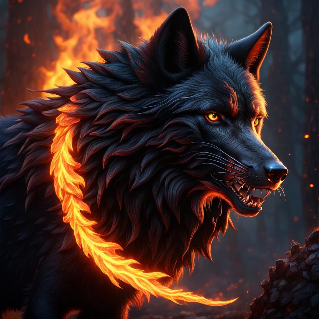 Fantastical Black Wolf with Flaming Eyes and Fur in Vibrant...