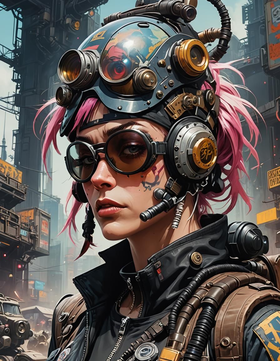 a close up of Jamie Hewlett’s Tank Girl wearing a helmet and goggles, cyberpunk art, inspired by Dave Gibbons, highly de...