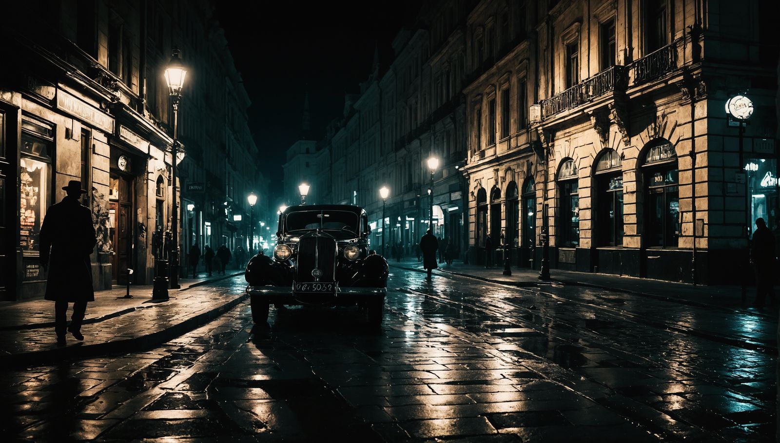 Budapest City Street at Night in Cyberpunk Noir Style