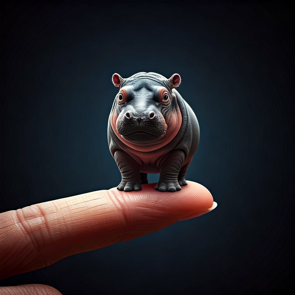 Miniature Hippo on Finger in Detailed Fantasy Art