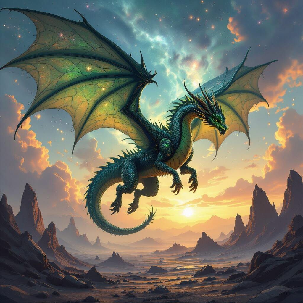Iridescent Dragon Soaring Through Nebula Sky