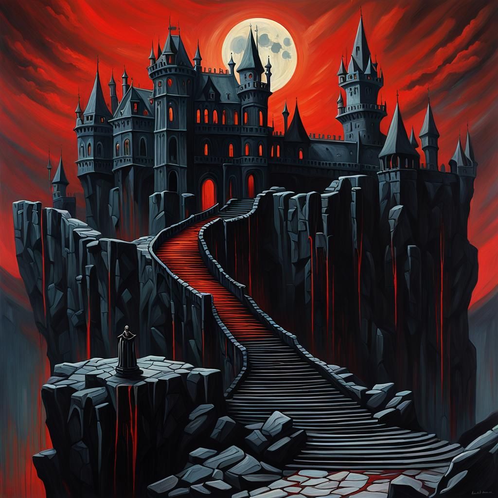 Gothic Castle Under Pale Moonlit Blood-Red Sky