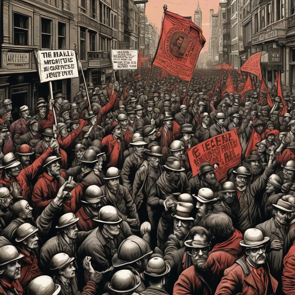 Workers Marching into Town Hall, Illustration in Bright Red