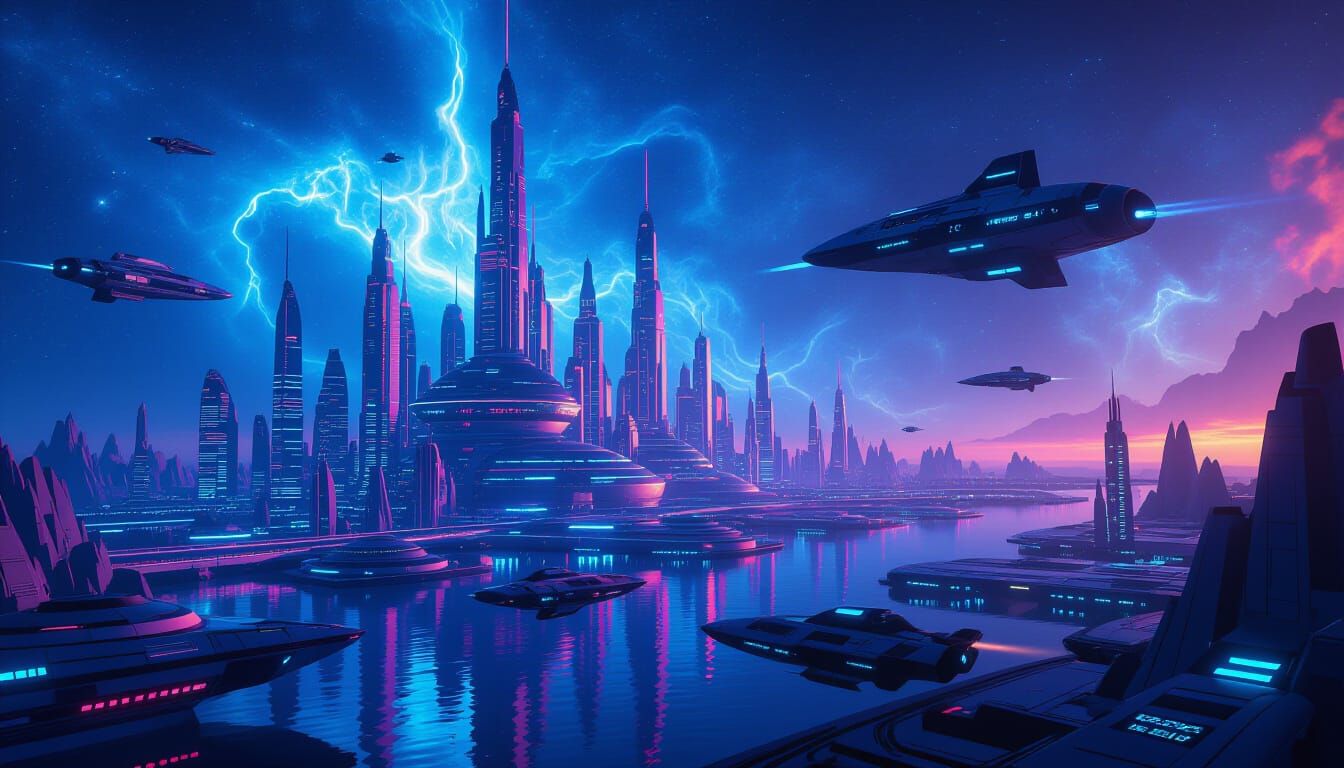 Radiant Interstellar Cityscape in Electric Blue Nebula