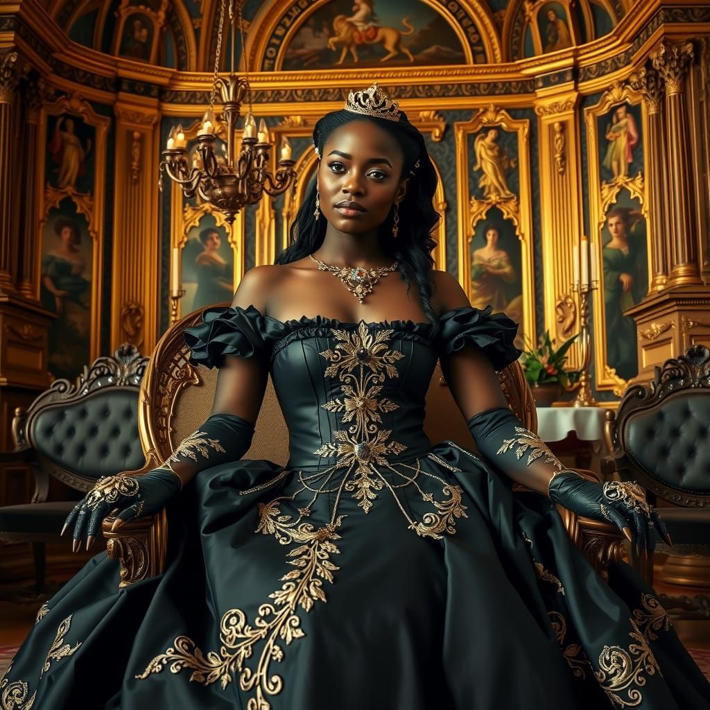 Black Marie Antoinette in Opulent Black Leather Gown