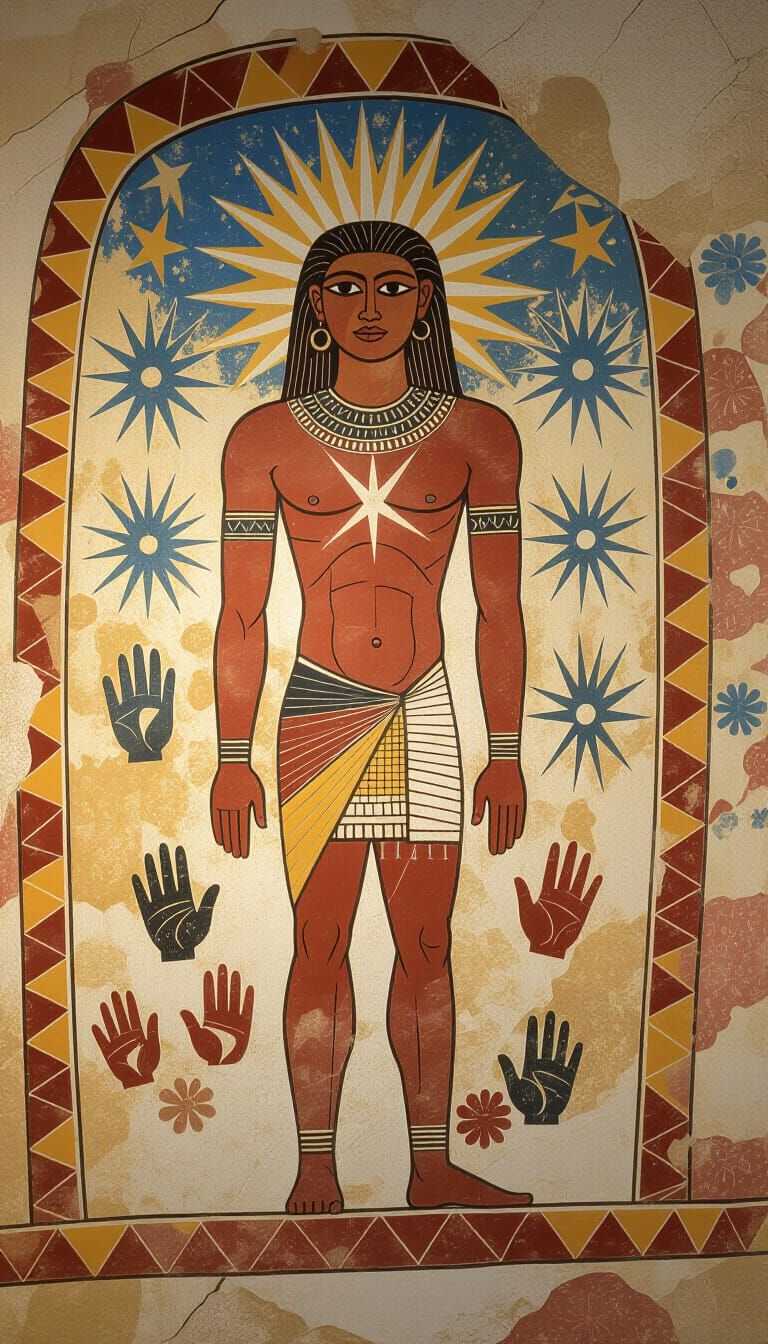 Primitive Cave Art: Shamanic Figure with Cosmic Aura