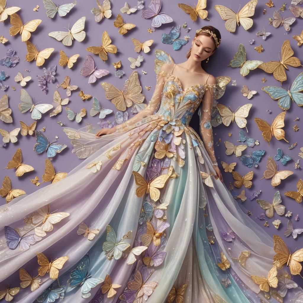 Pastel Butterfly Goddess in Shimmering Gown