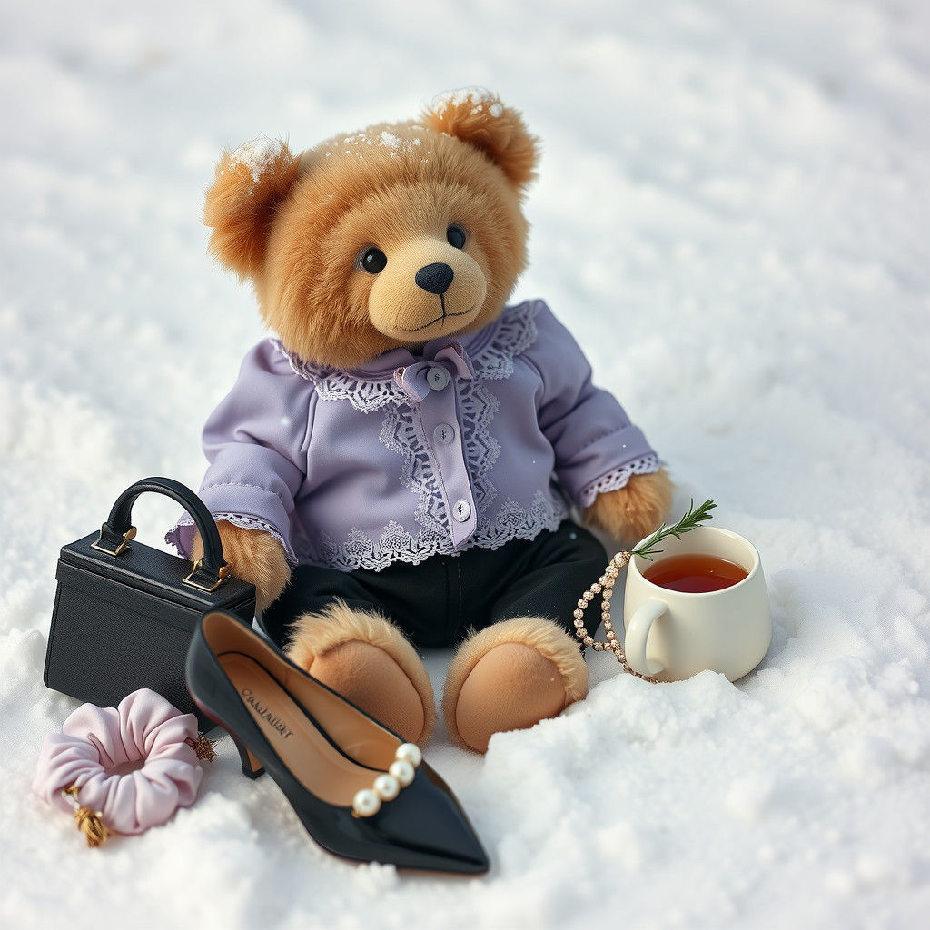 Plush Bear Enjoys Snowy Afternoon in Elegant Attire