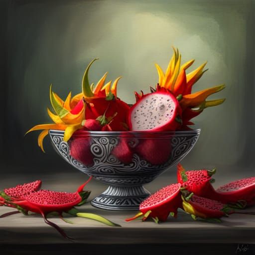 Exotic Fruit and Flower Still Life in Hyper-Realistic Style