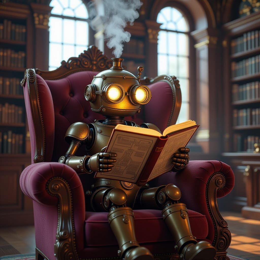 Steampunk Robot Reads Map in Ornate Library
