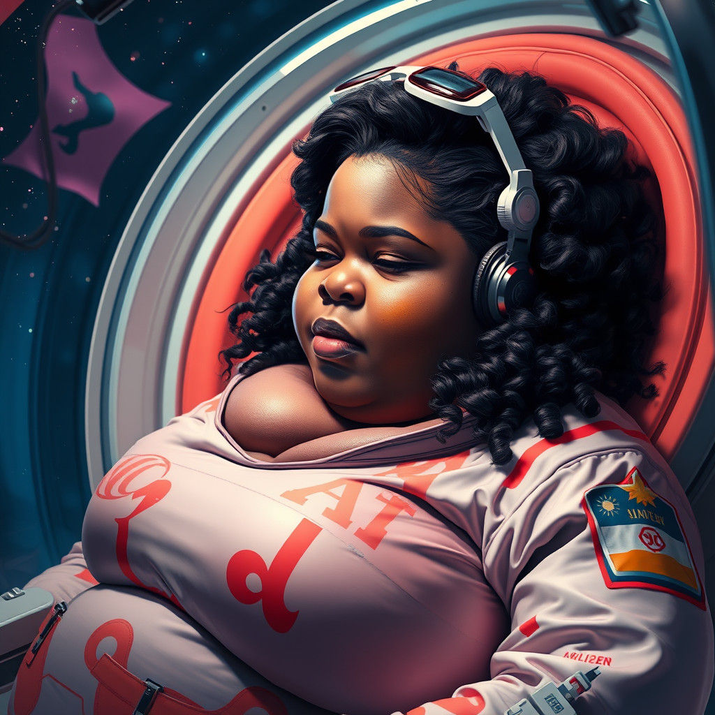 Cute Young Black Woman in Space, Overwhelmed by Her Massive....
