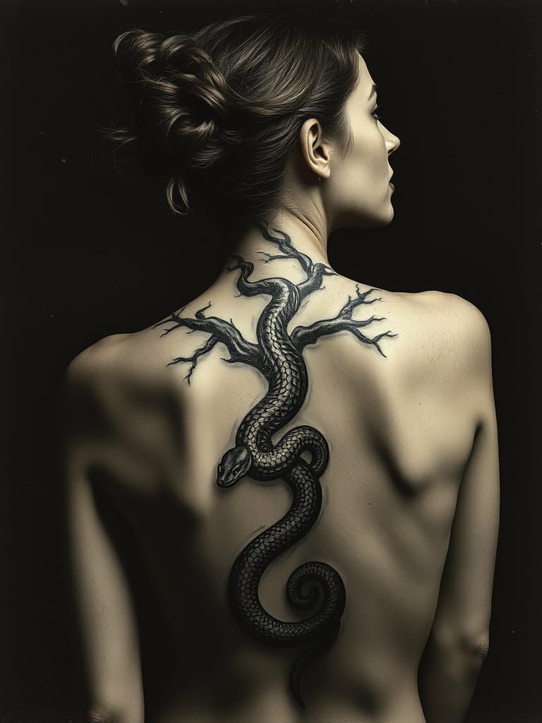 Woman with Mysterious Tattoo in Distressed Silver Nitrate St...