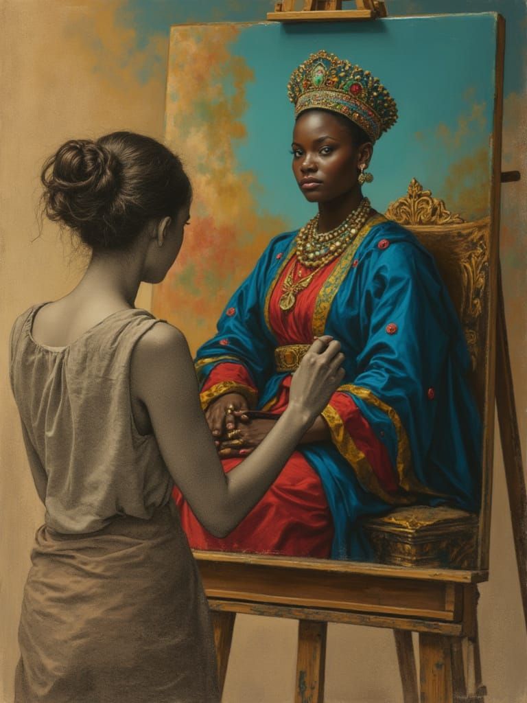 Hyperrealistic Portrait of African Queen in Art Nouveau Styl...