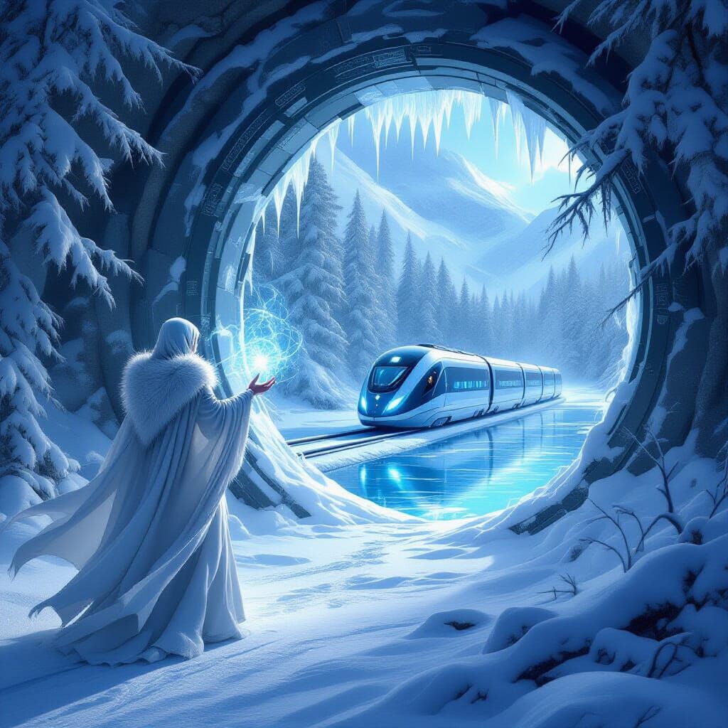 Elven Mage Opens Portal to Futuristic Snowy Forest