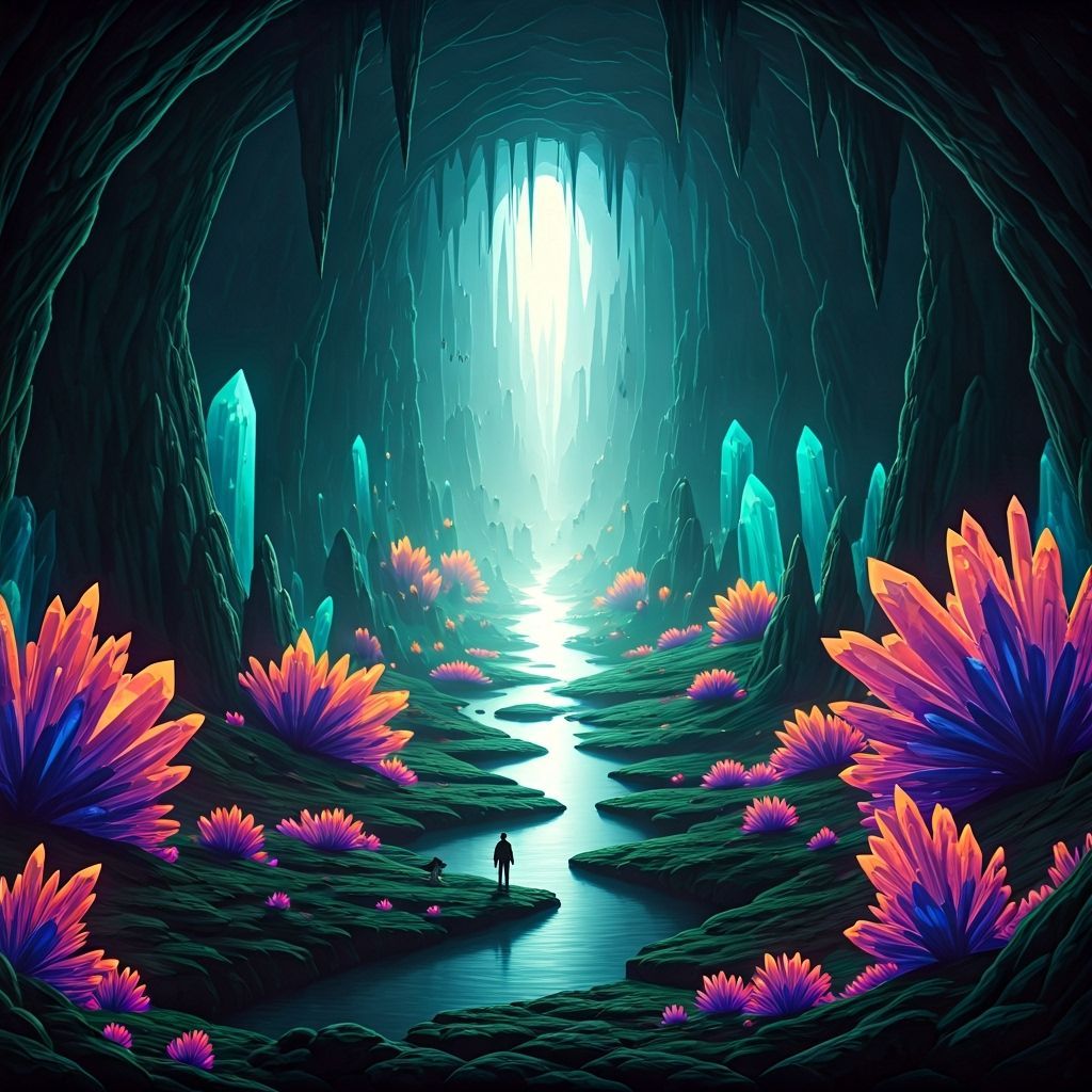 Secret Underground World with Bioluminescent Plants and Crys...