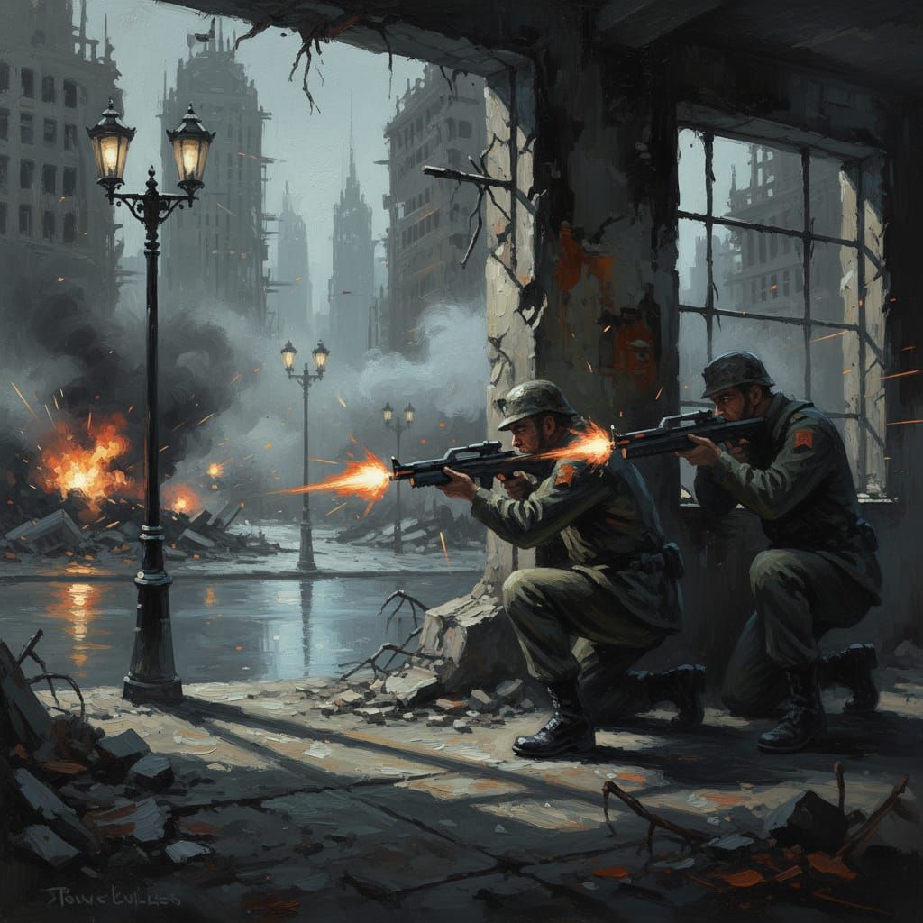 Dystopian Soldiers in Fire Fight, Impressionistic Oil Painti...