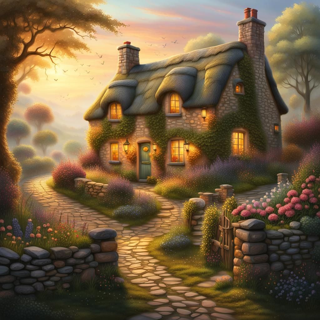 Whimsical Country Cottage in Golden Hour