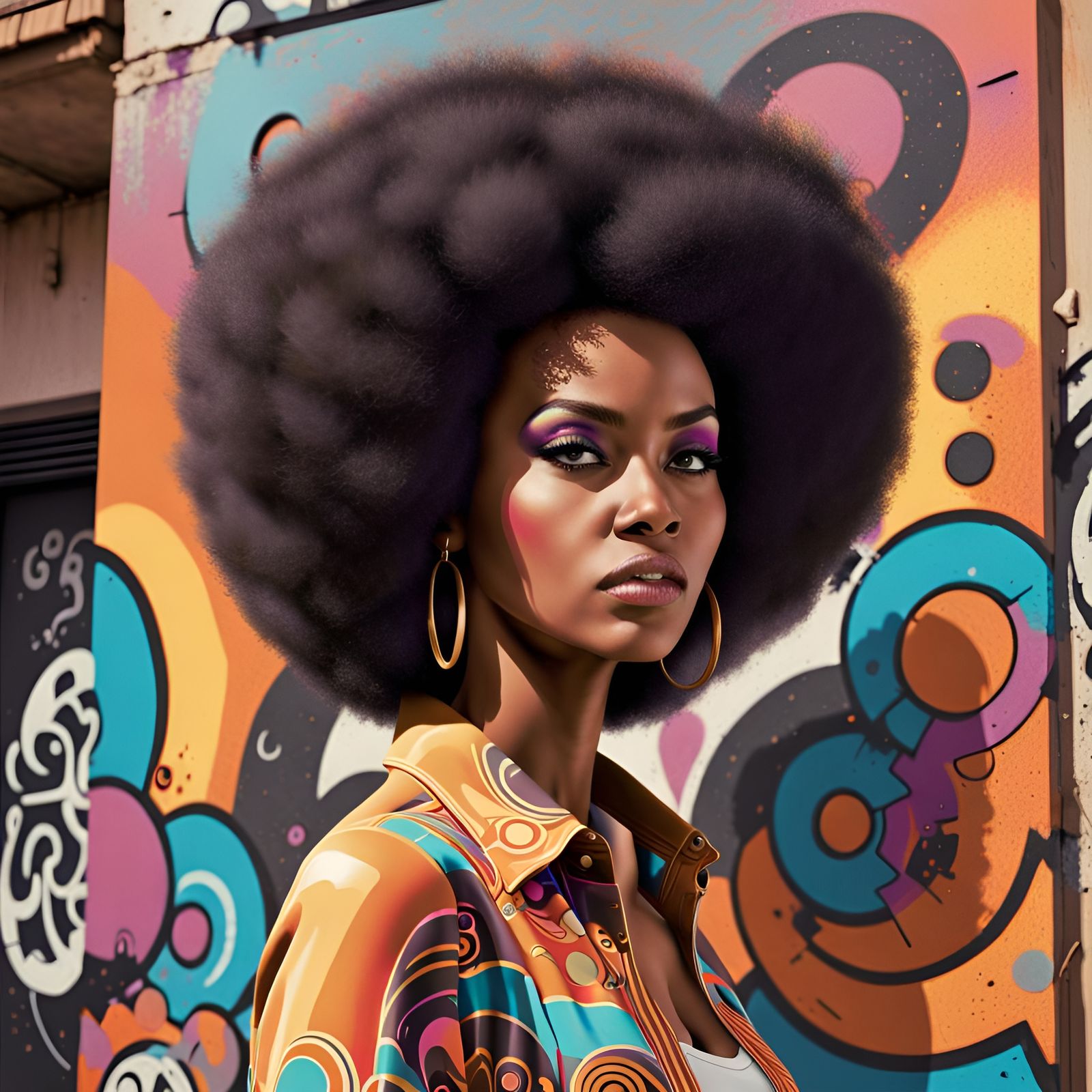 Vibrant Afro Goddess in Retro Artistic Style