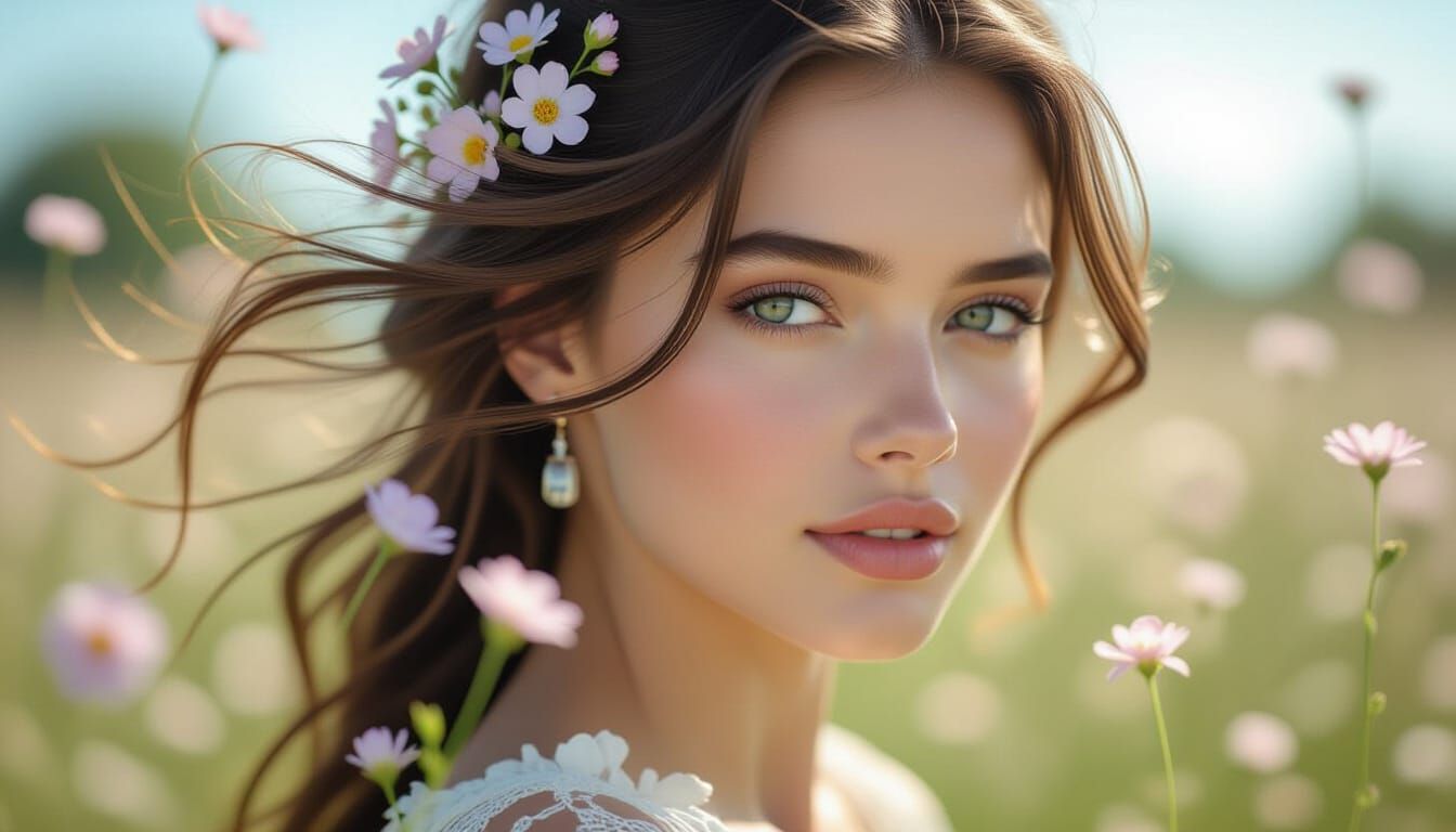 Ethereal Portrait of a Young Woman with Flowing Hair