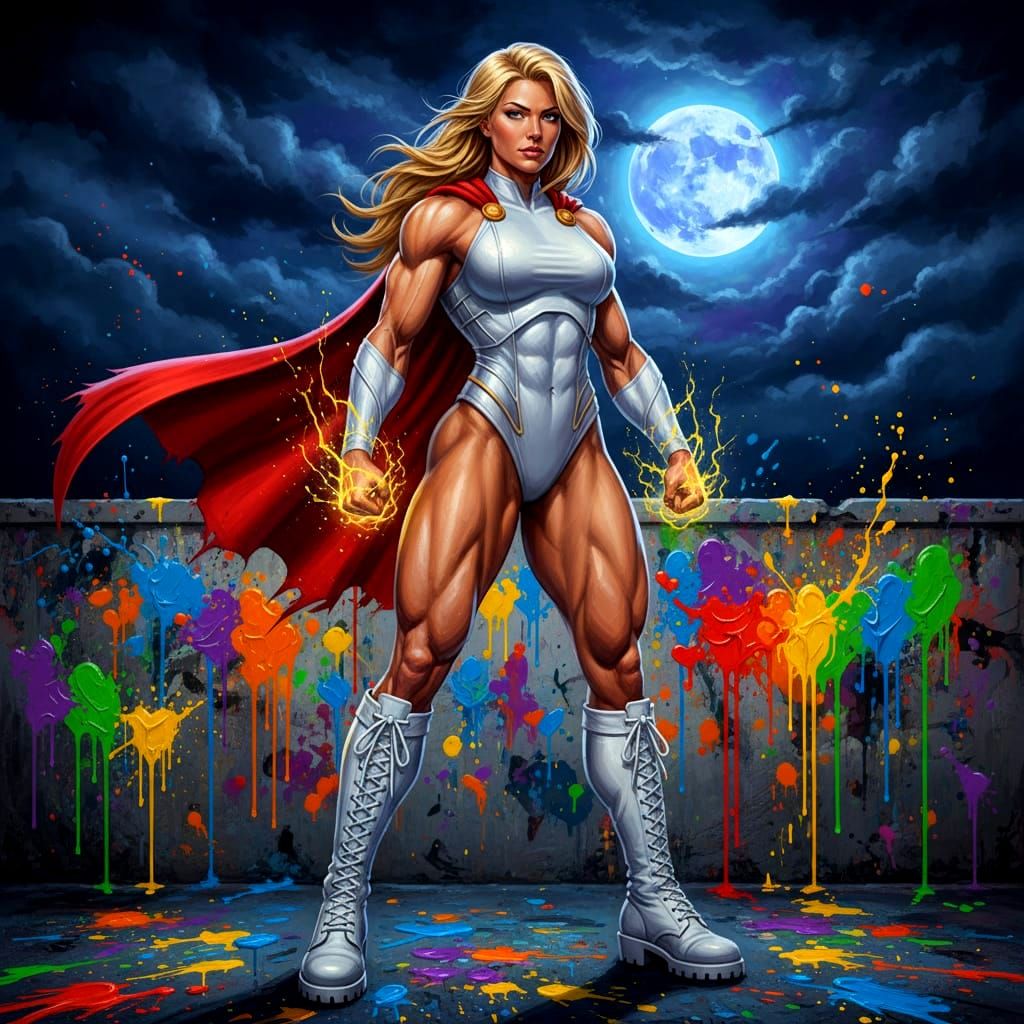 Powergirl in White Costume on Windy Night