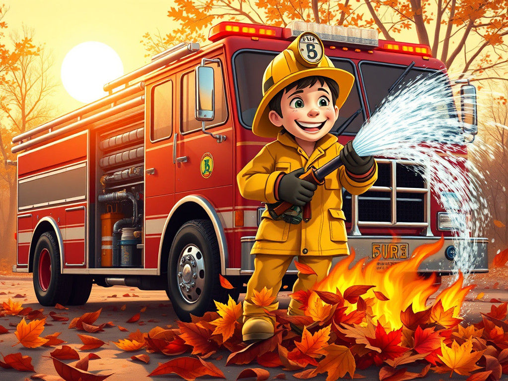Vibrant Firetruck Scene with Cheerful Firefighter and Blazin...