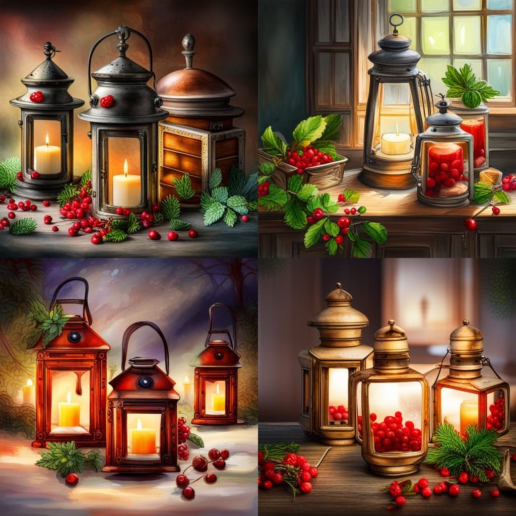 Vibrant Antique Lanterns in Whimsical Watercolor Scene