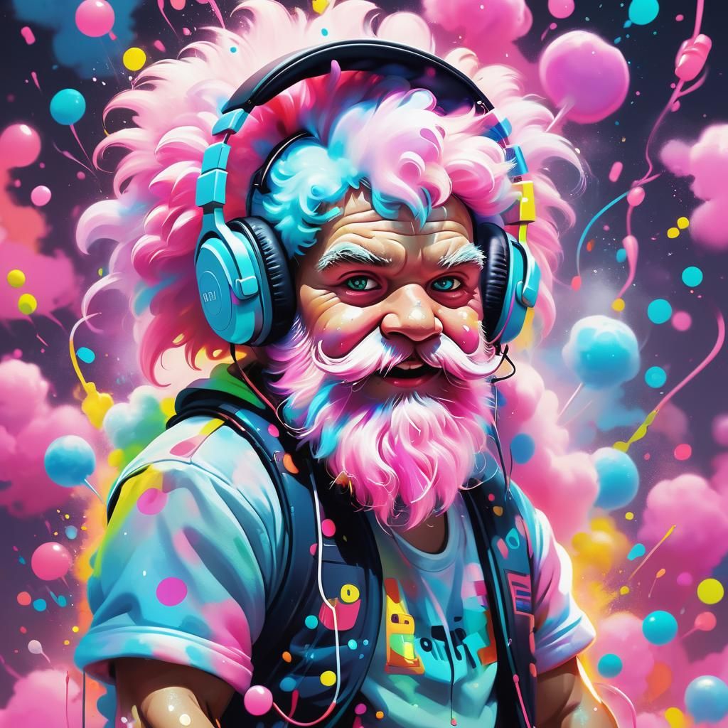 Kawaii Rave Dwarf Made of Fluffy Cotton Candy in Neon Colors