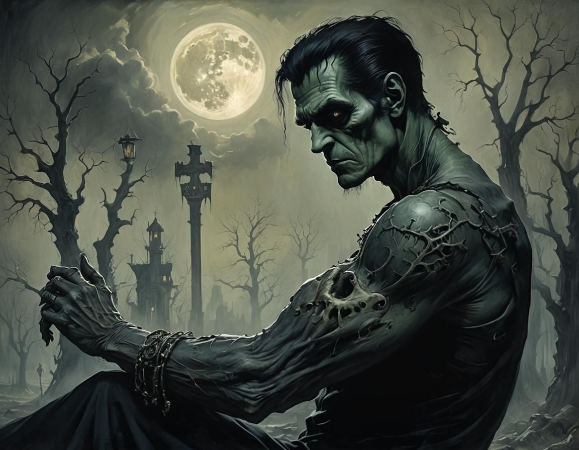 Gothic Frankenstein Dreamscape with Intricate Filigree